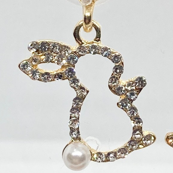 Pearl and Rhinestone Dangle Easter Bunny Rabbit Earring Pair - Picture 5 of 13